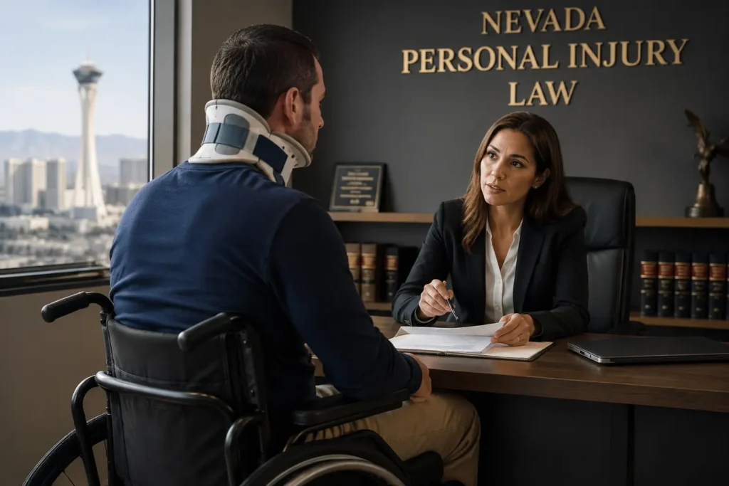 Spinal cord injury victim discussing legal options with a Nevada personal injury attorney