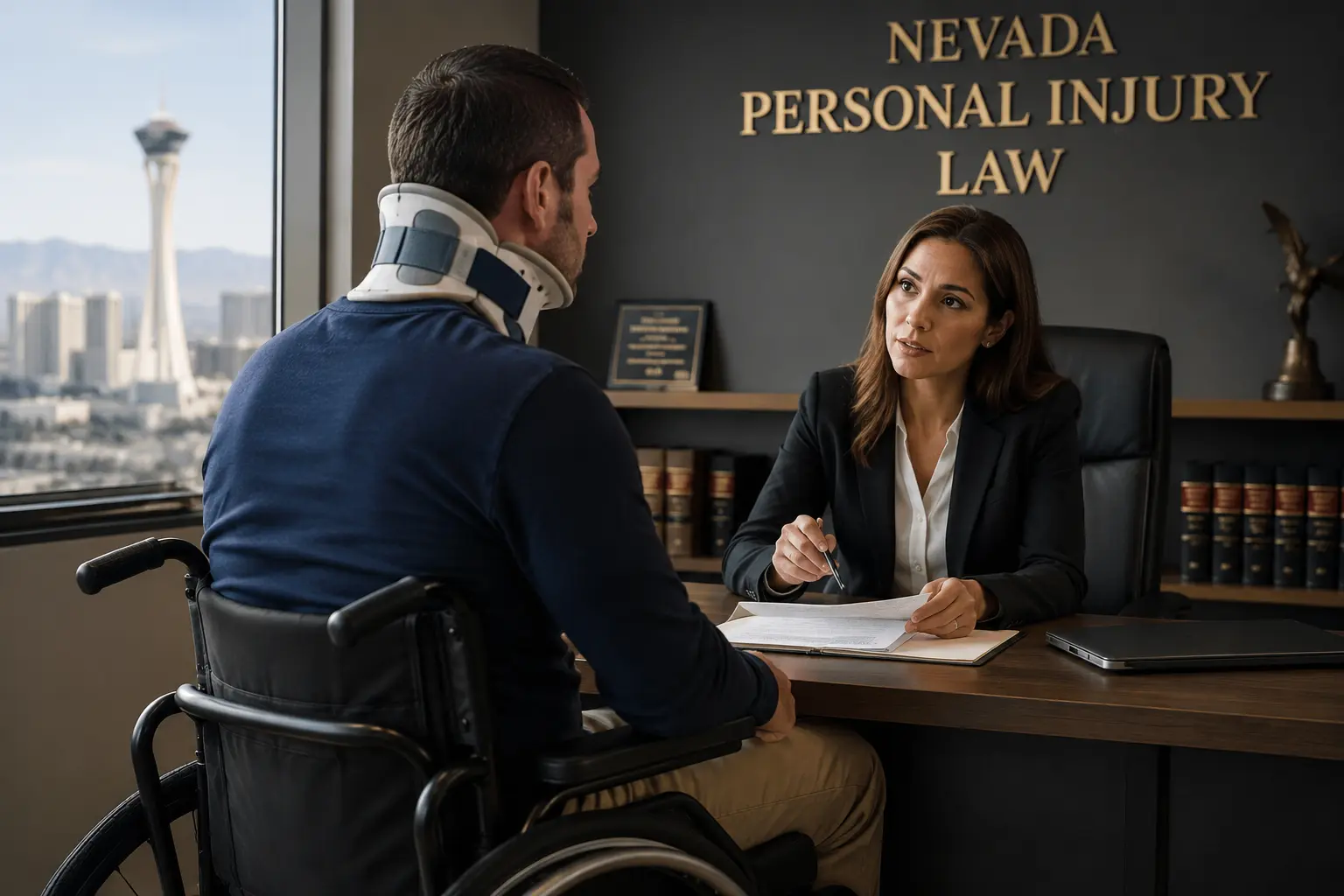 Spinal cord injury victim discussing legal options with a Nevada personal injury attorney