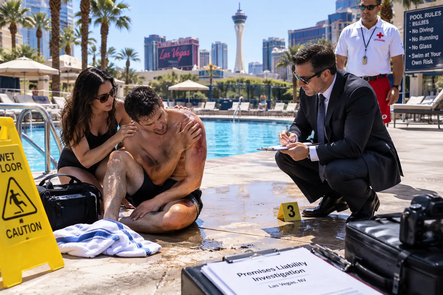 Las Vegas swimming pool accident scene involving an injured swimmer and premises liability investigation
