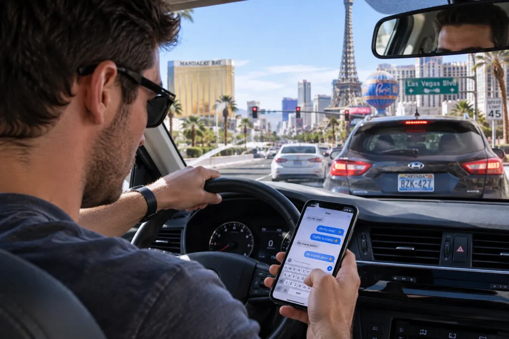 Distracted driver using a cell phone moments before causing a car accident in Nevada