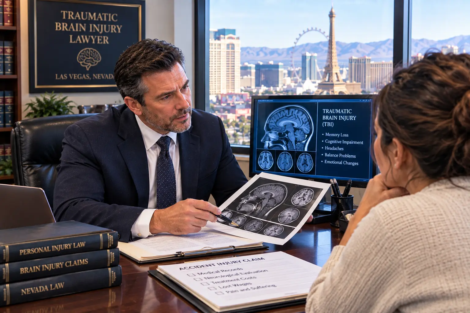 Traumatic brain injury lawyer in Las Vegas reviewing an accident injury claim with a client