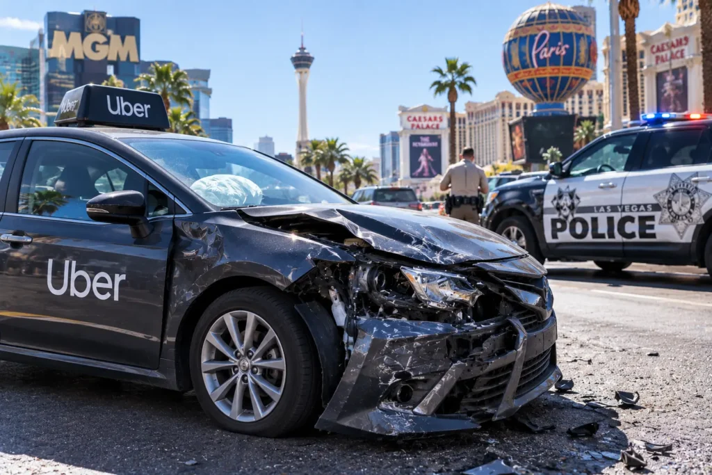 Damaged rideshare vehicle after an Uber or Lyft accident in Las Vegas, Nevada.