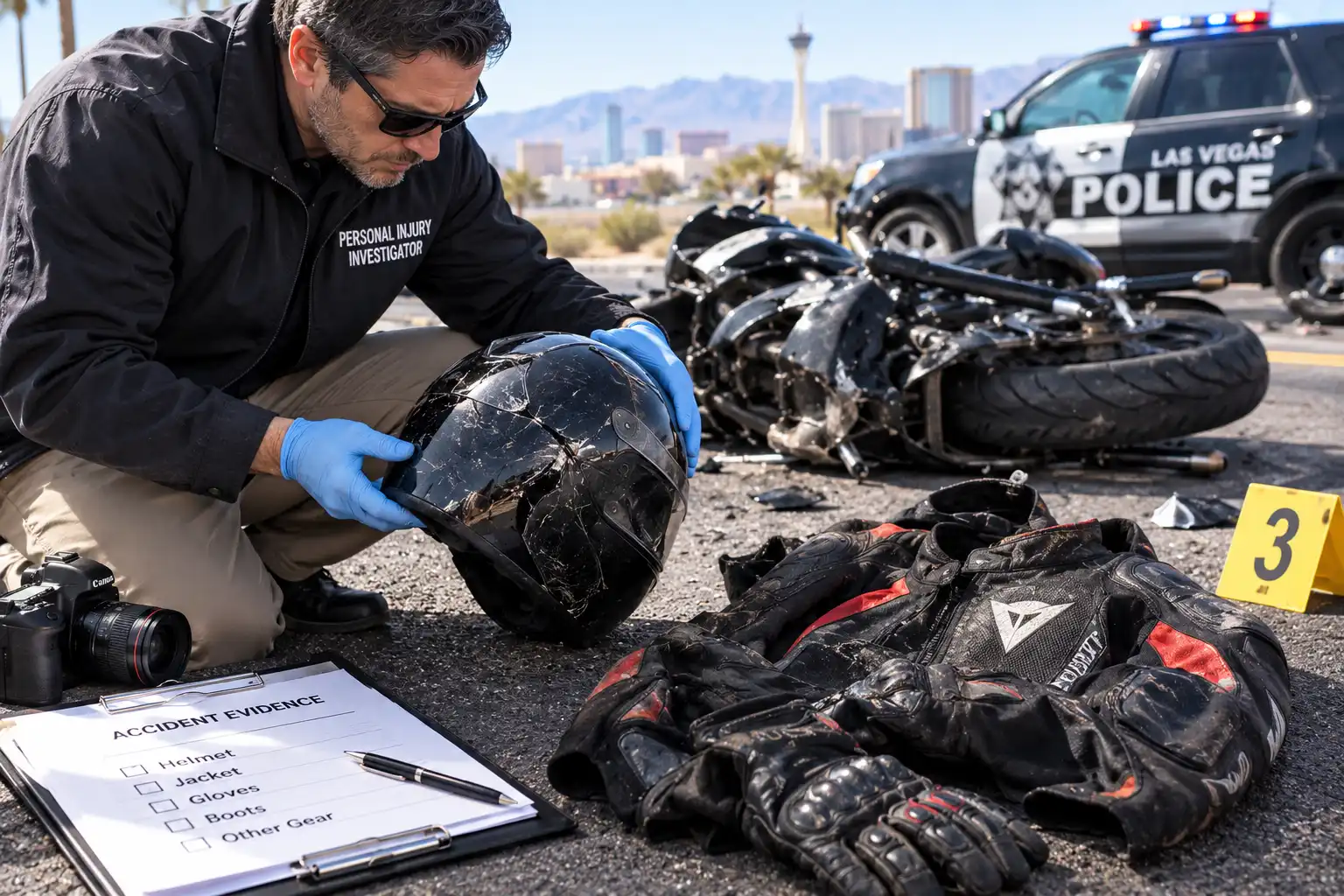 Motorcycle helmet and protective riding equipment being examined after a motorcycle accident.