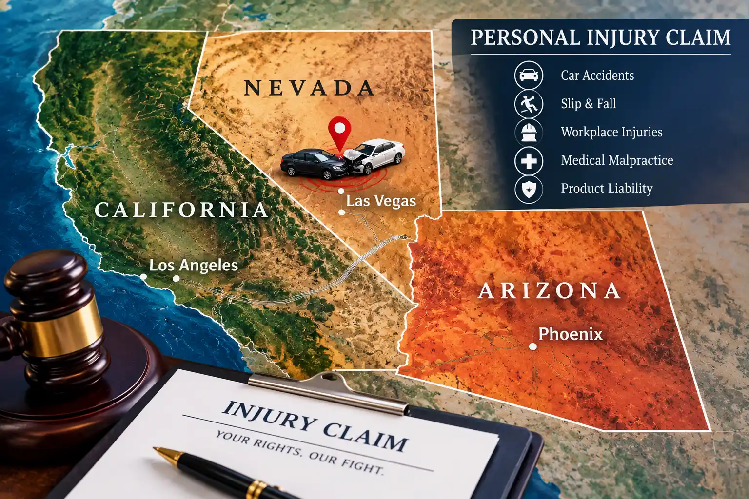 Map showing Nevada, California, and Arizona with a personal injury claim illustration